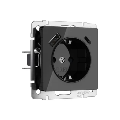 Розетка Werkel W1171748/ Розетка с заземлением, шторками и USB тип A+C (черный акрил)