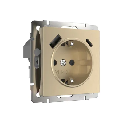 Розетка Werkel W1171710/ Розетка с заземлением, шторками и USB тип A+C (шампань рифленый )