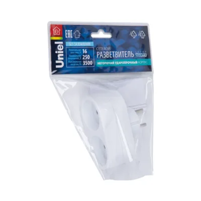 S-ES2-16O WHITE Разветвитель сетевой, б/з. 2 гнезда. 16А, 3500Вт. Белый. ТМ Uniel