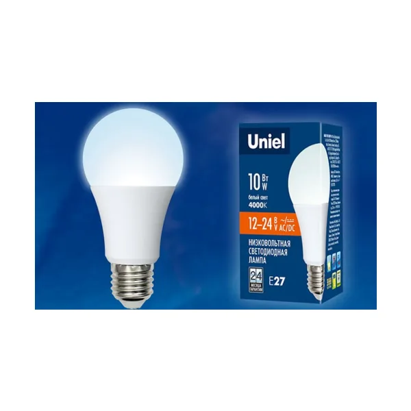 LED-A60-10W/NW/E27/FR/12-24V PLO55WH Лампа светодиодная. 12-24В. Форма «A», матовая. Белый свет (4000K). Картон. ТМ Uniel.