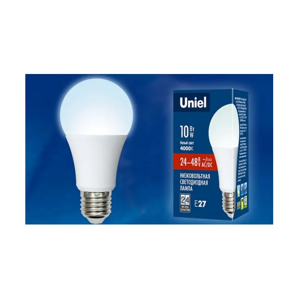 LED-A60-10W/NW/E27/FR/24-48V PLO55WH Лампа светодиодная. 24-48В. Форма «A», матовая. Белый свет (4000K). Картон. ТМ Uniel.