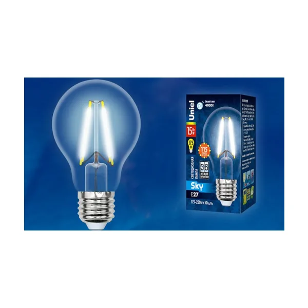 LED-A60-15W/4000K/E27/CL PLS02WH Лампа светодиодная. Форма A, прозрачная. Серия Sky. Белый свет (4000K). Картон. ТМ Uniel.