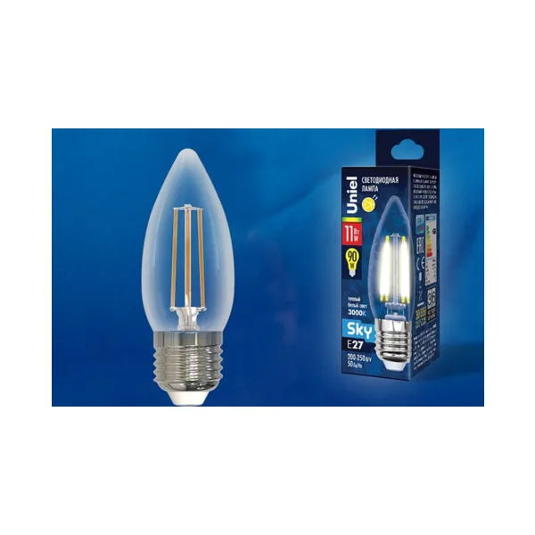 LED-C35-11W/3000K/E27/CL PLS02WH Лампа светодиодная. Форма свеча, прозрачная. Серия Sky. Теплый белый свет (3000К). Картон