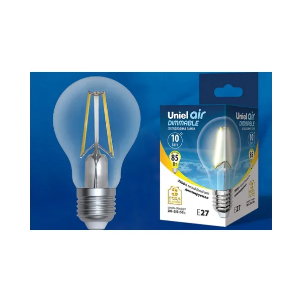 LED-A60-10W/3000K/E27/CL/DIM GLA01TR Лампа светодиодная диммируемая. Форма А, прозрачная. Серия Air. Теплый белый свет