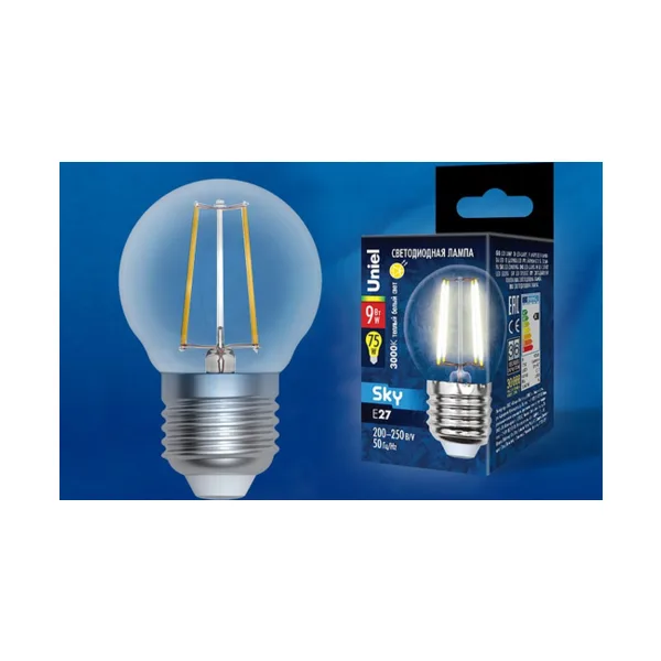 LED-G45-9W/3000K/E27/CL PLS02WH Лампа светодиодная. Форма шар, прозрачная. Серия Sky. Теплый белый свет (3000К). Картон. ТМ