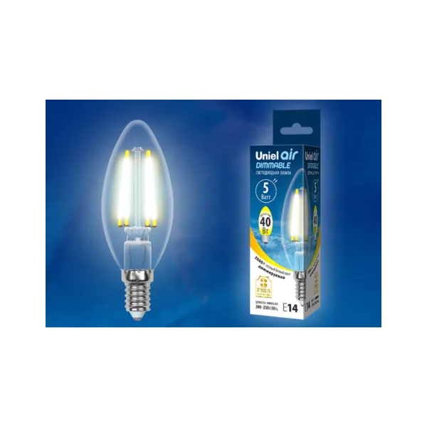 LED-C35-5W/WW/E14/CL/DIM GLA01TR Лампа светодиодная диммируемая. Форма свеча, прозрачная. Серия Air. Теплый белый свет