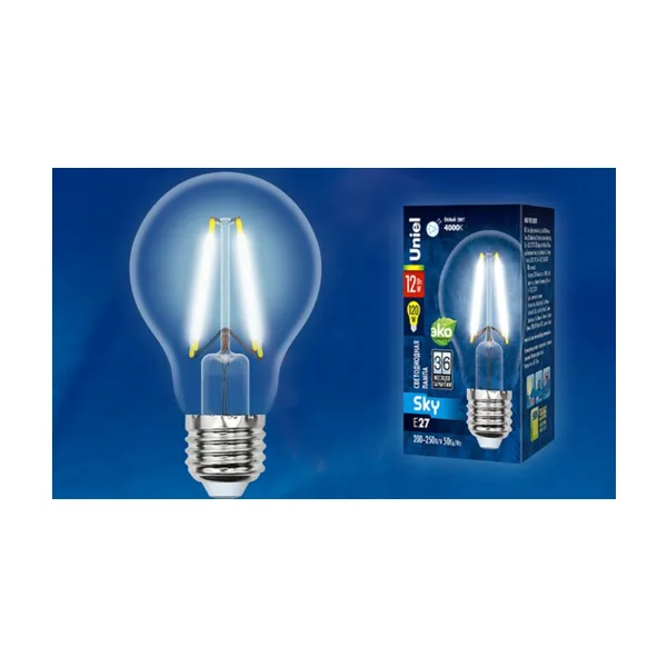 LED-A60-12W/4000K/E27/CL PLS02WH Лампа светодиодная. Форма A, прозрачная. Серия Sky. Белый свет (4000K). Картон. ТМ Uniel.