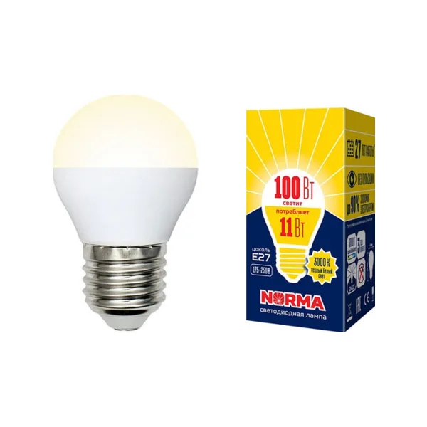 LED-G45-11W/WW/E27/FR/NR Лампа светодиодная. Форма шар, матовая. Серия Norma. Теплый белый свет (3000K). Картон. ТМ Volpe