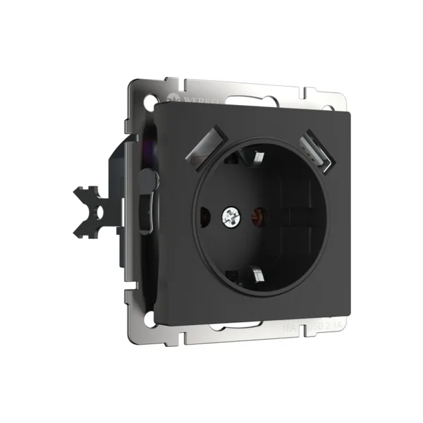 Розетка Werkel W1171508/ Розетка с заземлением, шторками и USBx2 (черный матовый)