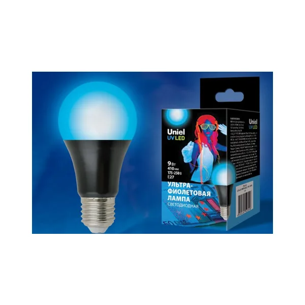 LED-A60-9W/UVAD/E27/FR PLZ07BK Лампа светодиодная ультрафиолетовая для дискотек . Спектр UVA 410нм. Картон. ТМ Uniel