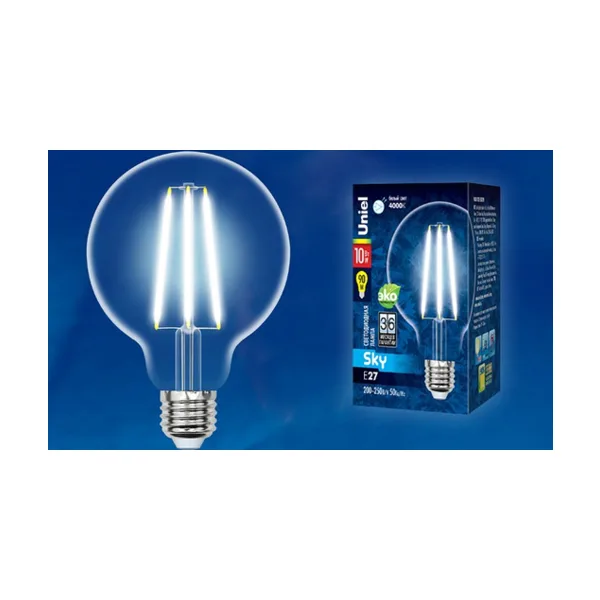 LED-G95-10W/4000K/E27/CL PLS02WH Лампа светодиодная. Форма шар, прозрачная. Серия Sky. Белый свет (4000K). Картон. ТМ Uniel.