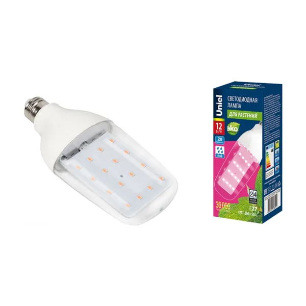 LED-B82-12W/SPBR/E27/CL PLP33WH Лампа светодиодная для растений. Форма «DOUBLESIDE», прозрачная. Спектр для рассады и