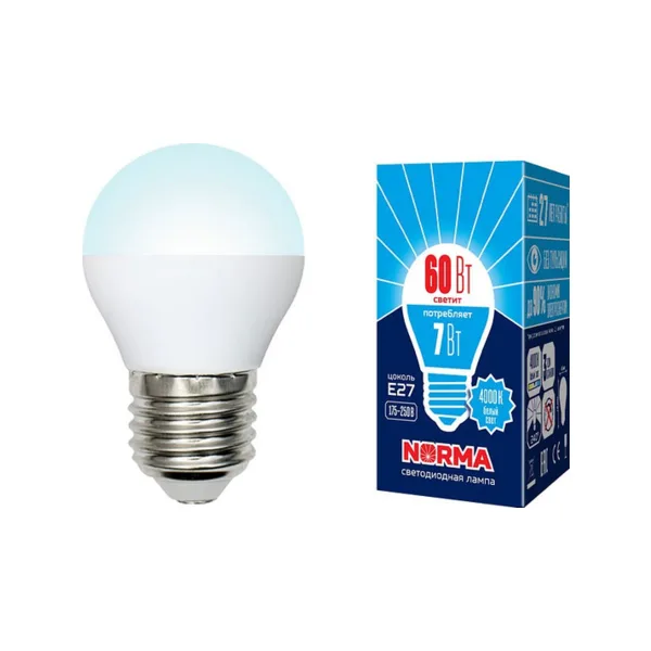 LED-G45-7W/NW/E27/FR/NR Лампа светодиодная. Форма шар, матовая. Серия Norma. Белый свет (4000K). Картон. ТМ Volpe