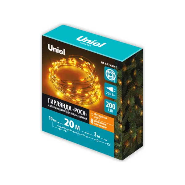 Гирлянда светодиодная Uniel ULD-S2000-200 (UL-00012077), 20 м, IP20, янтарный