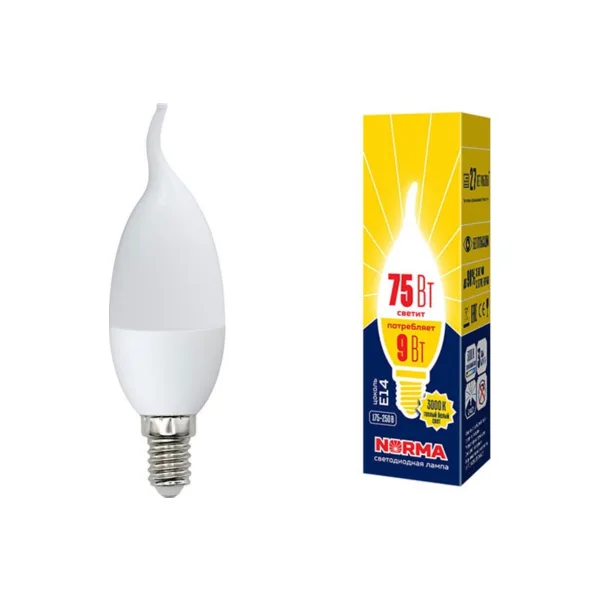 LED-CW37-9W/WW/E14/FR/NR Лампа светодиодная. Форма свеча на ветру, матовая. Серия Norma. Теплый белый свет (3000K). Картон