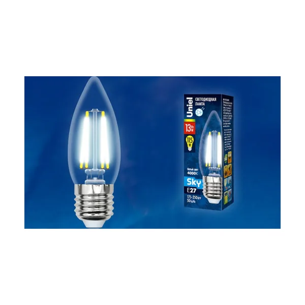 LED-C35-13W-4000K-E27-CL PLS02WH Лампа светодиодная. Форма свеча. прозрачная. Серия Sky. Белый свет 4000К. Картон. ТМ Uniel.