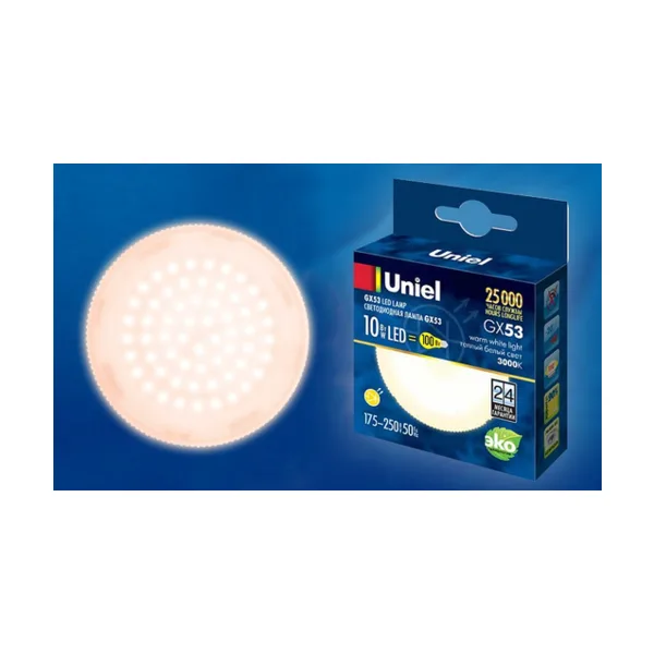 LED-GX53-10W/WW/GX53/FR PLZ01WH Лампа светодиодная, матовая. Теплый белый свет (3000K). Картон. ТМ Uniel