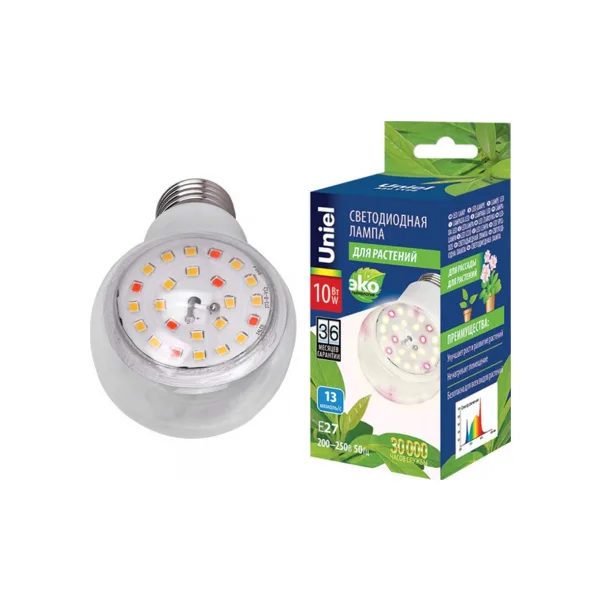 LED-A60-10W/SPFB/E27/CL PLP30WH Лампа светодиодная для растений. Форма A, прозрачная. Спектр для фотосинтеза. Картон. ТМ