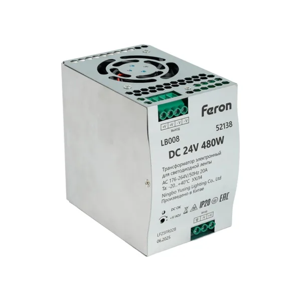 Трансформатор электронный для светодиодной ленты на DIN-рейку 480W 24V Feron LB008 52138
