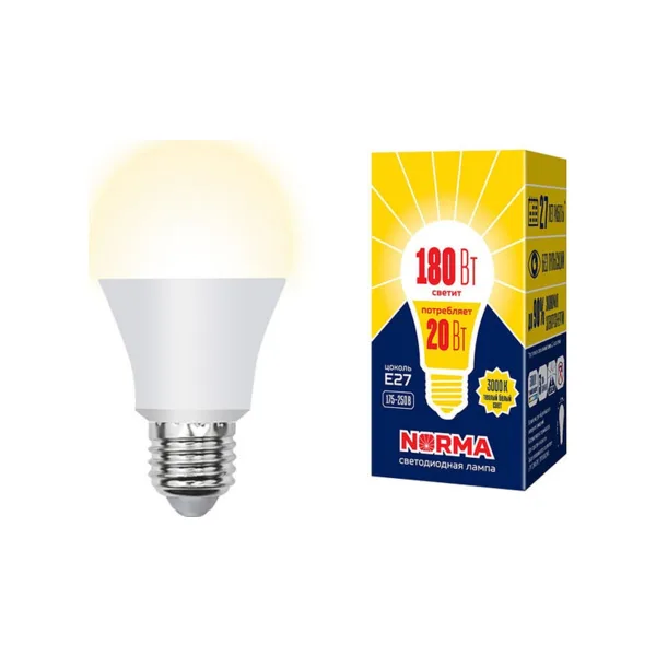 LED-A65-20W/WW/E27/FR/NR Лампа светодиодная. Форма A, матовая. Серия Norma. Теплый белый свет (3000K). Картон. ТМ Volpe