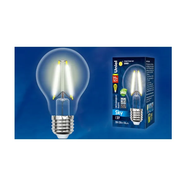 LED-A60-12W/3000K/E27/CL PLS02WH Лампа светодиодная. Форма A, прозрачная. Серия Sky. Теплый белый свет (3000K). Картон. ТМ