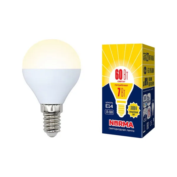 LED-G45-7W/WW/E14/FR/NR Лампа светодиодная. Форма шар, матовая. Серия Norma. Теплый белый свет (3000K). Картон. ТМ Volpe