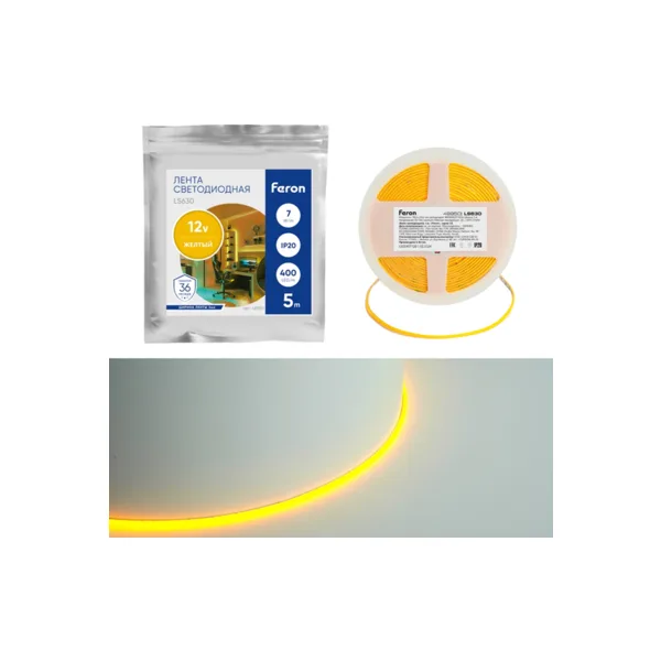 Светодиодная лента Feron LS630 COB, 400 шт/м, 7 Вт/м, 12 В, IP20, жёлтый, 3 мм, 5 м 48950