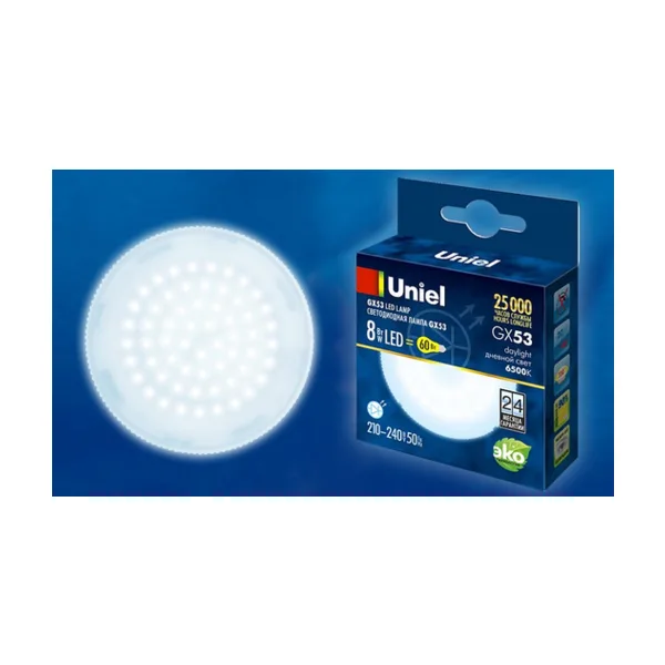 LED-GX53-8W/6500K/GX53/FR PLZ01WH Лампа светодиодная, матовая. Дневной свет (6500K). Картон. ТМ Uniel.
