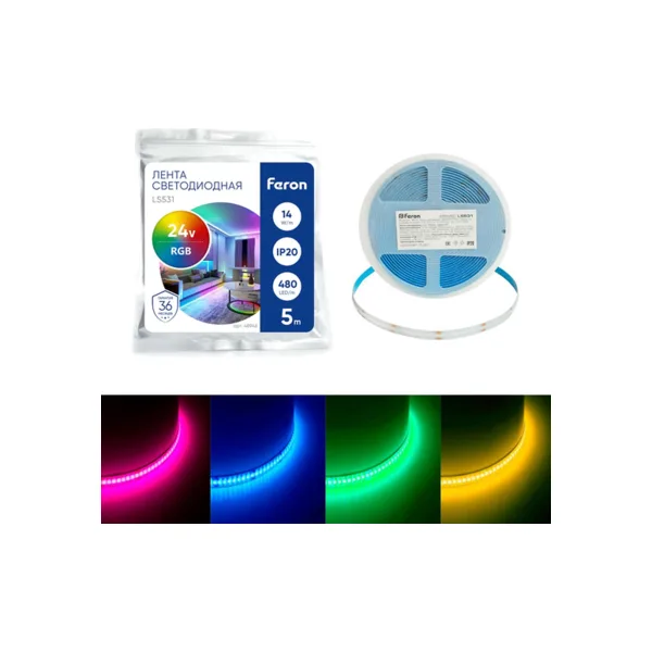 Светодиодная лента Feron LS531 COB, 576 шт/м, 14 Вт/м, 24 В, IP20, RGB, 10 мм, 5 м 48946