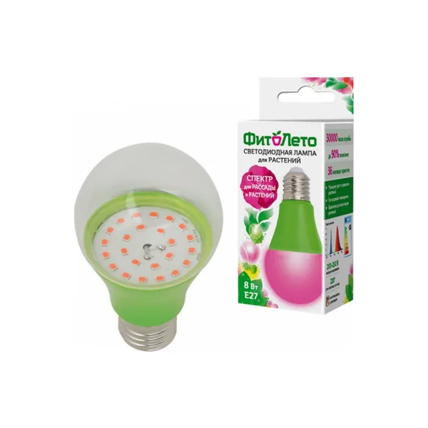LED-A60-8W/SPSB/E27/CL PLP30GR Лампа светодиодная для растений. Форма A, прозрачная. Спектр для рассады и цветения. Картон