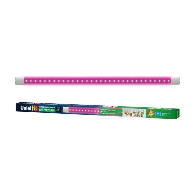 LED-T8-9W/SPSB/G13/CL PLP30WH Лампа светодиодная для растений. Форма T8, прозрачная. Спектр для рассады и цветения. ТМ Uniel.