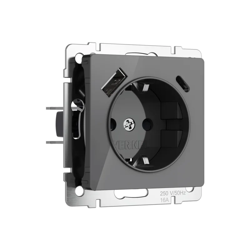 Розетка Werkel W1171744/ Розетка с заземлением, шторками и USB тип A+C (графит акрил)