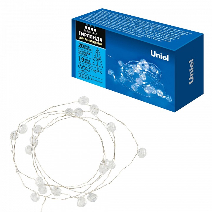 ULD-S1900-020/STB/2AA WHITE IP20 BEADS MINI  Гирлянда светодиодная на батарейках 2AA (не в/к), «Бусины мини», 1,9м.  20 светодиодов. Бе — фото 3