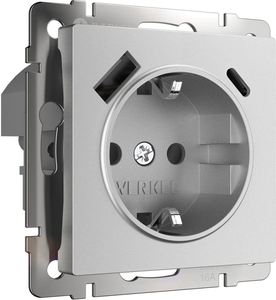 Розетка Werkel W1171765/ Розетка с заземлением, шторками и USB тип A+C (серебряный матовый)
