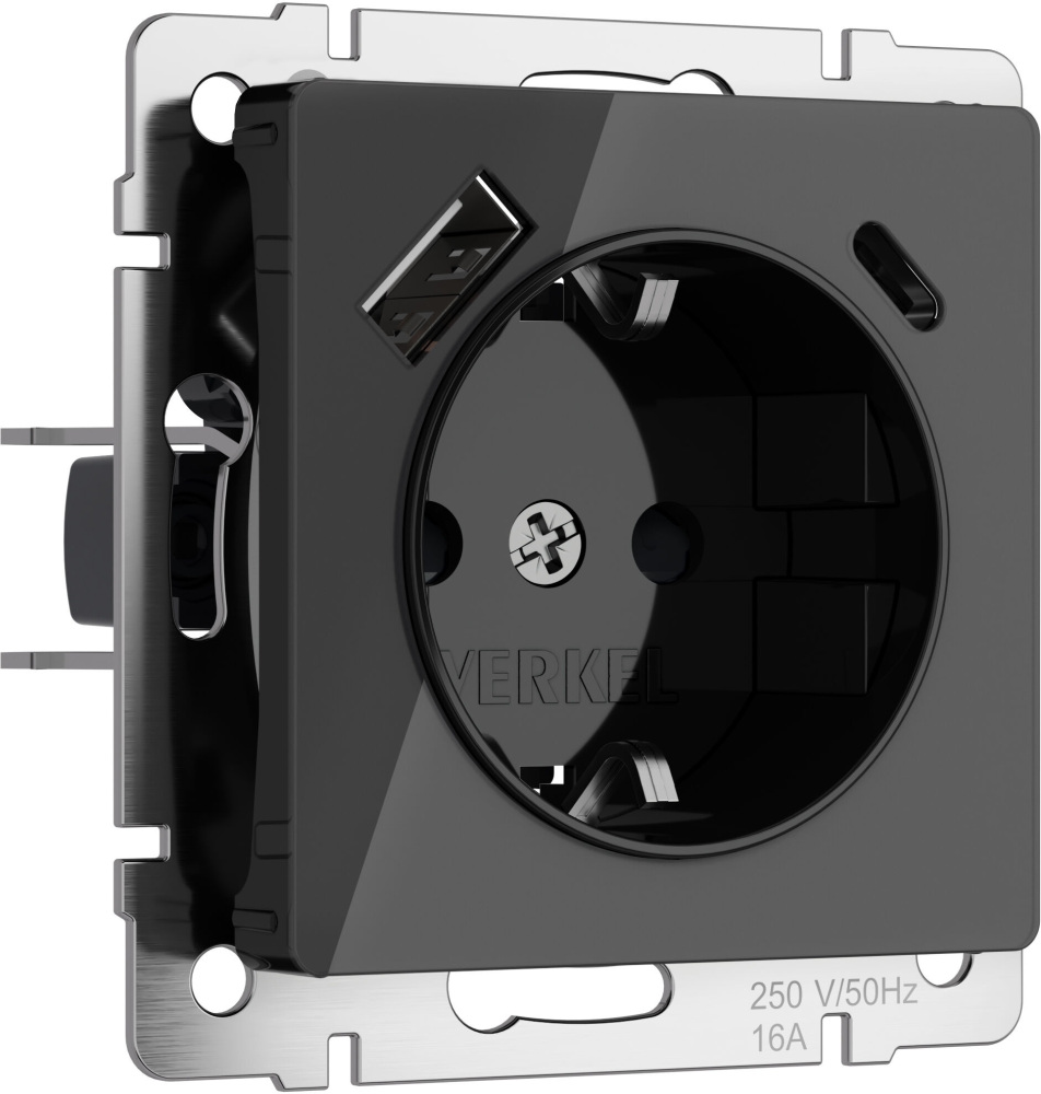 Розетка Werkel W1171748/ Розетка с заземлением, шторками и USB тип A+C (черный акрил)
