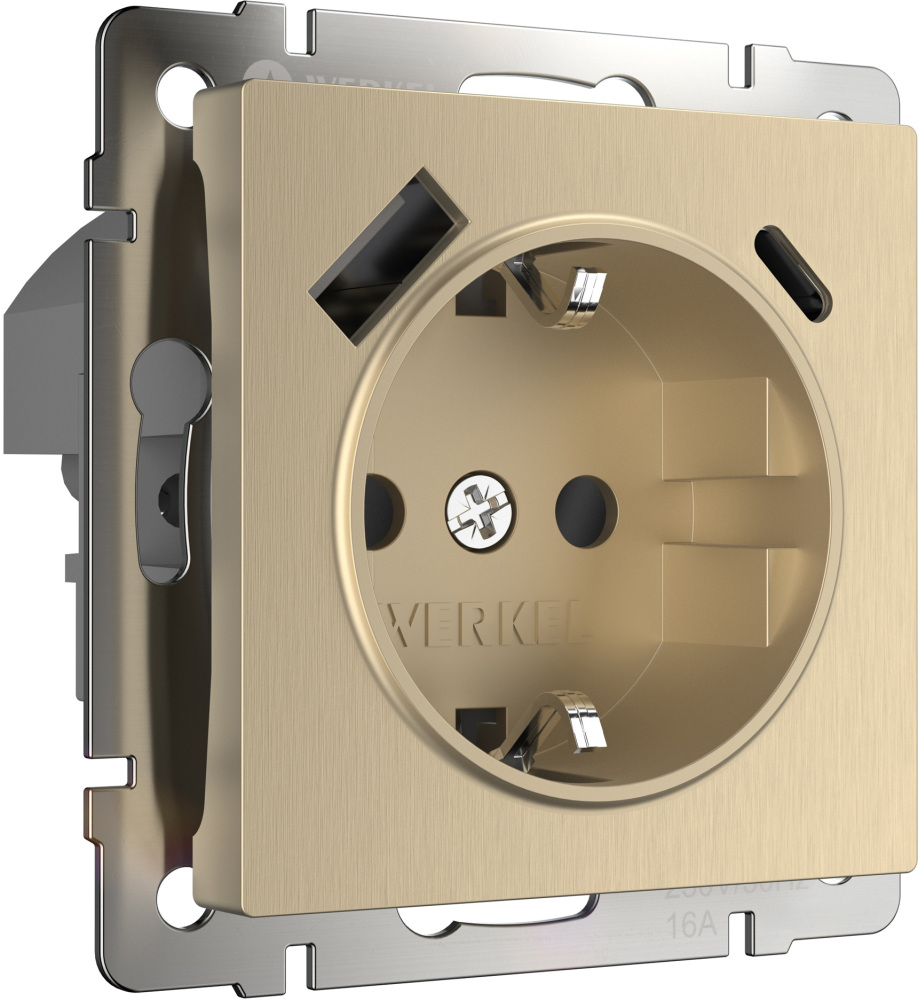 Розетка Werkel W1171710/ Розетка с заземлением, шторками и USB тип A+C (шампань рифленый )