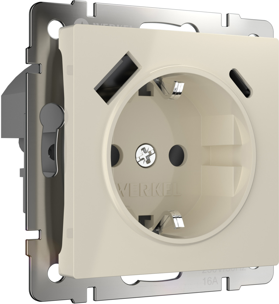 Розетка Werkel W1171703/ Розетка с заземлением, шторками и USB тип A+C (слоновая кость)