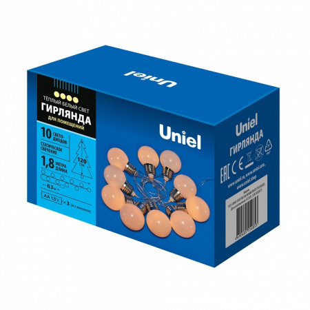ULD-S1800-010/STB/3AA WARM WHITE IP20 BULBS Гирлянда светодиодная «Лампочки», на батарейках 3AA (не в/к),  1,8м. 10 светодиодов. Теплый