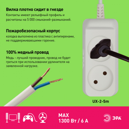 Розеточные блоки, удлинители UX-2-5m